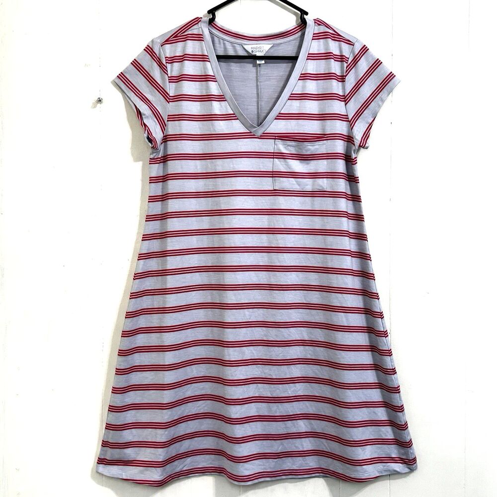 Market & Spruce Striped Red Gray Shirt Midi Dress Size Large Short Sleeve